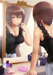 Rule 34 | 1girl, arm support, black shirt, blurry, blurry foreground, breasts, brown eyes, brown hair, casual, cleavage, collarbone, cosmetics, depth of field, from behind, girls und panzer, holding, holding lipstick tube, kiya hajime, lace, lace-trimmed shirt, lace trim, leaning forward, lipstick, lipstick tube, looking at viewer, makeup, makeup brush, medium breasts, mirror, nail polish, nishizumi maho, parted lips, reflection, shirt, short hair, sleeveless, sleeveless shirt, solo, standing, table, vanity table