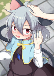 Rule 34 | 1girl, 1other, ahoge, animal ears, blouse, blue capelet, blush, capelet, commentary request, cowboy shot, crystal, embarrassed, grey hair, grey skirt, grey vest, hair between eyes, headpat, highres, jewelry, kawakami nako, layered clothes, long sleeves, looking at viewer, mouse ears, mouse girl, mouse tail, nazrin, open mouth, pendant, pov, red eyes, shirt, short hair, skirt, skirt set, solo focus, tail, touhou, vest, white shirt