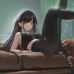 Rule 34 | 1girl, absurdres, ass, black hair, black leggings, black tank top, breasts, closed mouth, commentary, couch, crop top, english commentary, feet out of frame, highres, katana, leggings, legs up, long hair, looking at viewer, lying, medium breasts, nanaken nana, on back, on couch, original, plant, sheath, sheathed, sleeveless, smile, solo, sword, tank top, weapon, yellow eyes