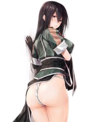 Rule 34 | 10s, 1girl, ass, black gloves, black hair, blush, brown eyes, chikuma (kancolle), clothes lift, commentary request, from behind, fundoshi, gloves, japanese clothes, kantai collection, long hair, looking at viewer, looking back, pelvic curtain, simple background, solo, standing, suien, tears