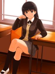 Rule 34 | 1girl, amagami, arm support, ayatsuji tsukasa, black eyes, black hair, black jacket, black ribbon, black sailor collar, black socks, blazer, blunt bangs, chair, classroom, clenched hand, closed mouth, collared shirt, crossed legs, desk, feet out of frame, grey skirt, hand up, highres, indoors, jacket, kibito high school uniform, kneehighs, loafers, long hair, long sleeves, looking at viewer, neck ribbon, on chair, open clothes, open jacket, pink nails, pleated skirt, ribbon, sailor collar, school chair, school desk, school uniform, shirt, shoes, sitting, skirt, socks, solo, straight hair, sweater vest, takenoko saba otto, thighs, uwabaki, white footwear, white shirt, window, yellow sweater vest