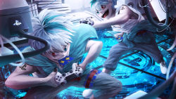 Rule 34 | 2boys, aqua eyes, aqua hair, bad id, bad pixiv id, black nails, cable, card, controller, fingernails, game console, game controller, hair between eyes, heterochromia, highres, holding, holding controller, indoors, logo, male focus, mouth hold, multicolored hair, multiple boys, nail polish, open mouth, original, playing games, playstation 4, red eyes, siblings, smile, tattoo, teeth, tongue, toyan 8210, twins, white hair