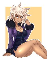 Rule 34 | 1girl, ahoge, arm support, black shirt, blazblue, breasts, bullet (blazblue), cleavage, collarbone, commentary, cosplay, cropped legs, crossover, dark-skinned female, dark skin, dojipan, english commentary, fate/grand order, fate (series), fur-trimmed jacket, fur-trimmed sleeves, fur trim, jacket, jeanne d&#039;arc (fate), jeanne d&#039;arc alter (avenger) (fate), jeanne d&#039;arc alter (fate), jeanne d&#039;arc alter (fate) (cosplay), large breasts, long sleeves, purple jacket, scar, scar on face, scar on nose, shirt, sitting, smile, solo, teeth, thighs, wavy hair, white hair, yellow background, yellow eyes
