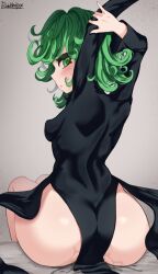 Rule 34 | 1girl, arm up, artist name, ass, back, black dress, blush, bottomless, breasts, bumbledoge, dress, from behind, green eyes, green hair, highres, huge ass, long sleeves, looking at viewer, looking back, one-punch man, short hair, simple background, sitting, small breasts, solo, stretching, suggestive fluid, sweat, tatsumaki, thick thighs, thighs