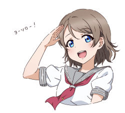 Rule 34 | 1girl, :d, blue eyes, catchphrase, cropped torso, grey hair, looking at viewer, love live!, love live! sunshine!!, neckerchief, open mouth, red neckerchief, round teeth, salute, school uniform, serafuku, short hair, short sleeves, simple background, smile, solo, suke (momijigari), teeth, tie clip, upper body, upper teeth only, uranohoshi school uniform, watanabe you, white background