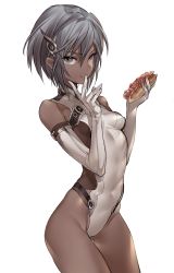 Rule 34 | 1girl, bad id, bad twitter id, breasts, covered navel, cowboy shot, dark skin, dark-skinned female, eating, elbow gloves, finger to mouth, food, food on face, gloves, gluteal fold, hair between eyes, hair ornament, highres, hot dog, leotard, maruchi, original, short hair, grey eyes, silver hair, simple background, skin tight, small breasts, solo, white background, white gloves