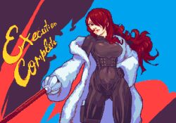 Rule 34 | 1girl, black bodysuit, bodysuit, breasts, coat, covered navel, fur coat, glaceo, hair over one eye, hand on own hip, holding, holding sword, holding weapon, holster, kirijou mitsuru, large breasts, long hair, navel, off shoulder, persona, persona 3, persona 4: the ultimate in mayonaka arena, pixel art, rapier, red eyes, red hair, solo, sword, weapon