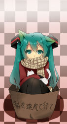 Rule 34 | 1girl, animal ears, aqua eyes, aqua hair, bad id, bad pixiv id, box, cardboard box, cat, cat ears, checkered background, hair ornament, hatsune miku, highres, kemonomimi mode, legs together, pantyhose, scarf, shadow, skirt, smile, solo, sweater, translation request, twintails, vocaloid, wang xinquan