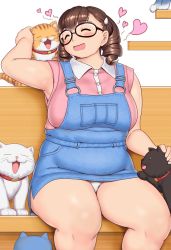 Rule 34 | 1girl, black-framed eyewear, blush, breasts, brown hair, closed eyes, commentary request, drill hair, fat, feet out of frame, glasses, hair ornament, hairclip, highres, kurowa-san (orizen), large breasts, medium hair, original, orizen, sleeveless, tareme, thick thighs, thighs, white background, wing collar