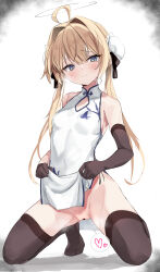 Rule 34 | 1girl, absurdres, ahoge, bar censor, bare shoulders, black gloves, black ribbon, black thighhighs, blonde hair, blue eyes, blush, breasts, breasts apart, breath, bun cover, censored, chest cutout, china dress, chinese clothes, closed mouth, clothes lift, commentary request, covered navel, dot nose, double bun, dress, elbow gloves, floral print, furrowed brow, gloves, hair between eyes, hair bun, hair ribbon, heart, highres, kneeling, long bangs, long hair, looking at viewer, no panties, no shoes, original, pelvic curtain, pelvic curtain lift, print dress, pussy, pussy juice, pussy juice trail, ribbon, shadow, side-tie dress, side slit, sidelocks, simple background, sleeveless, sleeveless dress, small breasts, solo, spoken heart, sweatdrop, thighhighs, toshizou (0714), twintails, white background, white dress