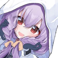 Rule 34 | 1girl, :d, atsuko (blue archive), black gloves, blue archive, blush, braid, gloves, hair ribbon, happy, hood, hoodie, nyou 0, open mouth, purple hair, red eyes, ribbon, smile, twin braids, twintails, white hoodie