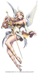 Rule 34 | 1girl, alternate costume, blonde hair, blue eyes, breasts, chaos online, company name, copyright name, feathered wings, full body, head wings, high heels, highres, long hair, looking at viewer, love cacao, official art, parted lips, sheryl (chaos online), simple background, smile, solo, sword, weapon, white background, white wings, wings