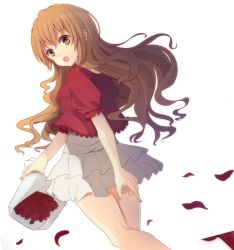 Rule 34 | 10s, 1girl, aisaka taiga, bouquet, brown hair, company connection, cosplay, dress, earrings, flower, frilled dress, frilled sleeves, frills, from below, golden time, highres, j.c.staff, jewelry, kaga kouko, kaga kouko (cosplay), long hair, look-alike, looking at viewer, looking back, puffy short sleeves, puffy sleeves, rose, saito (pigrank), short sleeves, simple background, solo, toradora!, wavy hair, white background, white dress