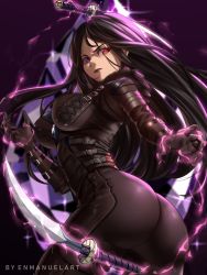Rule 34 | 1girl, ass, aura, black hair, bodysuit, breasts, cameltoe, celine (epic seven), enma (enmanuelart), epic seven, from behind, from below, gloves, heterochromia, highres, huge ass, katana, large breasts, long hair, looking at viewer, looking down, purple eyes, red eyes, shiny clothes, sideboob, skin tight, solo, sword, tattoo, thigh strap, very long hair, weapon