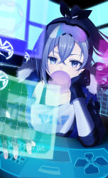 Rule 34 | 1girl, absurdres, black gloves, blowing bubbles, bow, chewing gum, commentary, crossed bangs, fingerless gloves, fur-trimmed jacket, fur trim, gloves, goggles, goggles on head, grey eyes, grey hair, hair bow, head on hand, head rest, high ponytail, highres, holographic interface, holographic monitor, honkai: star rail, honkai (series), jacket, kinaco 4738, long hair, silver wolf (honkai: star rail), solo