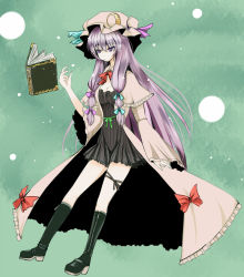 Rule 34 | 1girl, bad id, bad pixiv id, black dress, book, boots, breasts, capelet, cleavage, crescent, crescent hair ornament, dress, female focus, full body, hair ornament, hair ribbon, hat, long hair, long sleeves, mob cap, patchouli knowledge, purple eyes, purple hair, ribbon, simple background, small breasts, solo, takaharu, touhou