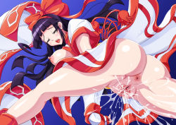 Rule 34 | 1girl, ainu clothes, anus, ass, blush, bottomless, breasts, censored, fingerless gloves, from below, gloves, hair ribbon, jeibii, large breasts, long hair, looking at viewer, nakoruru, nipples, open mouth, orgasm, pointless censoring, purple hair, pussy, pussy juice, ribbon, samurai, samurai spirits, snk, solo, spread pussy, thick thighs, thighhighs, thighs, uncensored