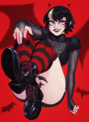 1girl aqua_eyes bat_wings black_hair black_lips black_nails black_shirt boots earrings fangs goth_fashion highres hotel_transylvania jewelry looking_at_viewer mavis_dracula multicolored_hair qtori red_background see-through_clothes see-through_sleeves shirt short_hair short_sleeves smile solo streaked_hair striped_clothes striped_thighhighs thick_thighs thighhighs thighs vampire wings