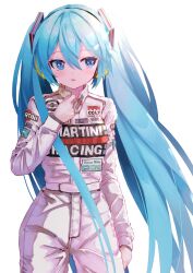Rule 34 | 1girl, adjusting collar, arm at side, blue eyes, blue hair, blush, collared jacket, cowboy shot, dot nose, floating hair, hair between eyes, hair ornament, hand up, hatsune miku, highres, jacket, legs apart, logo, long hair, long sleeves, looking to the side, open mouth, pants, racing suit, sidelocks, sideways glance, simple background, solo, takepon1123, twintails, very long hair, vocaloid, white background, white jacket, white pants