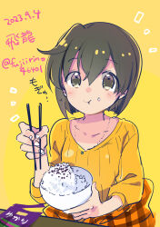 Rule 34 | 1girl, brown eyes, brown hair, character name, chopsticks, clothes around waist, dated, eating, food, food on face, fujii rino, hiryuu (kancolle), jacket, jacket around waist, kantai collection, looking at viewer, official alternate costume, one-hour drawing challenge, ribbed sweater, rice, short hair, solo, sweater, twitter username, upper body, yellow background, yellow sweater