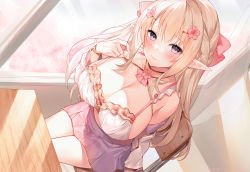Rule 34 | 1girl, absurdres, blonde hair, bra, bracelet, breasts, chair, cherry blossoms, cleavage, closed mouth, desk, detached sleeves, elf, flower, frilled bra, frills, hair flower, hair ornament, hair ribbon, hairclip, highres, jewelry, large breasts, long hair, looking at viewer, non-web source, original, pleated skirt, pointy ears, purple eyes, purple skirt, ribbon, school chair, school desk, seiranoire tia elfinland, sitting, skirt, smile, solo, sora 72-iro, underwear, white bra, window