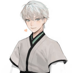 Rule 34 | 1boy, bad id, bad pixiv id, blue eyes, closed mouth, earrings, grey eyes, grey hair, hair between eyes, haori, heart, highres, japanese clothes, jewelry, looking at viewer, male focus, mole, mole under eye, original, oyabuli, portrait, scar, scar on neck, simple background, smile, solo, white background