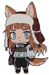 Rule 34 | 1girl, :3, animal ears, bag, baggy pants, black footwear, black pants, blue-tinted eyewear, blue eyes, blunt bangs, borrowed character, brown bag, brown hair, chibi, closed mouth, cross scar, dog ears, dog girl, dog tail, full body, fur-trimmed headwear, fur-trimmed jacket, fur-trimmed sleeves, fur hat, fur trim, gloves, goggles, goggles around neck, gradient hair, grey jacket, hand up, hat, jacket, lapithai, long sleeves, looking at viewer, lowres, multicolored hair, original, pants, plaid headwear, red gloves, red hat, satchel, scar, scar on face, scar on nose, simple background, ski goggles, solo, standing, tail, tinted eyewear, transparent background, ushanka