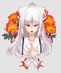Rule 34 | bad id, bad pixiv id, bow, flower, fujiwara no mokou, grey background, hair bow, hand on own chest, long hair, open mouth, red eyes, saryuu (iriomote), simple background, solo, suspenders, touhou, white hair