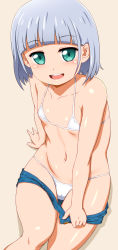 Rule 34 | 1girl, :d, anime coloring, arm support, bikini, bikini under clothes, blue shorts, capitan (tsyoujo), clothes pull, collarbone, commentary request, flat chest, green eyes, highres, micro bikini, navel, open mouth, original, pulled by self, shadow, shiny skin, short hair, short shorts, shorts, shorts pull, silver hair, simple background, sitting, smile, solo, stomach, swimsuit, teeth, upper teeth only, white bikini