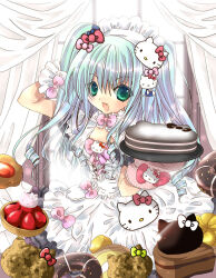 Rule 34 | 1girl, blue bow, blush, bow, cake, chef hat, chocolate cake, collar, cookie, doughnut, dress, food, frilled collar, frilled dress, frilled sleeves, frills, fruit, gloves, green eyes, green hair, hair bow, hair ornament, hat, hello kitty, hello kitty to issho!, highres, holding, holding cake, holding food, kirishima moe, koge donbo, layer cake, long hair, looking at viewer, open mouth, pink bow, red bow, sanrio, short sleeves, single glove, single tooth, smile, strawberry, white collar, white dress, window