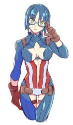 Rule 34 | 1girl, adjusting eyewear, belt, blue hair, breasts, captain america, captain america (cosplay), character request, cleavage, cleavage cutout, clothing cutout, cosplay, female focus, gender request, genderswap, glasses, gloves, green eyes, looking at viewer, marvel, navel, salute, shigehiro (hiroi heya), short hair, simple background, solo, star cutout, two-finger salute