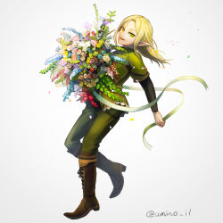 Rule 34 | 1boy, absurdres, blonde hair, boots, bouquet, elf, erik burton, flower, full body, green eyes, highres, long hair, looking at viewer, male focus, open mouth, pointy ears, pop-up story, simple background, smile, solo, twitter username, umino kiri, white background