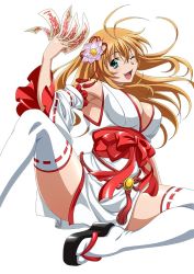 Rule 34 | 1girl, breasts, cleavage, detached sleeves, female focus, flower, geta, hair flower, hair ornament, ikkitousen, japanese clothes, large breasts, official art, open mouth, simple background, solo, sonsaku hakufu, thighhighs, white background, white thighhighs