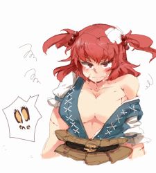 Rule 34 | !, !!, 1girl, :t, bad id, bad pixiv id, bandages, bleeding, blood, blush, breasts, cleavage, cuts, eyebrows, female focus, hair bobbles, hair ornament, injury, iroyopon, large breasts, looking at viewer, off shoulder, onozuka komachi, pout, red eyes, red hair, short twintails, simple background, solo, tears, thick eyebrows, touhou, twintails, two side up, upper body, white background