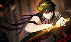 Rule 34 | 1girl, aurahack, black dress, black hair, black nails, blood, bloody weapon, breasts, choker, dagger, dress, flower, gold hairband, hair flower, hair ornament, hairband, holding, holding dagger, holding knife, holding weapon, knife, large breasts, long dress, looking at viewer, nail polish, pale skin, red eyes, reverse grip, rose, short hair with long locks, solo, spy x family, weapon, yor briar