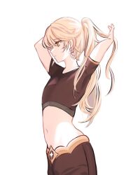 Rule 34 | 1boy, aether (genshin impact), alternate hairstyle, arms up, blonde hair, brown pants, brown shirt, closed mouth, earrings, genshin impact, hair between eyes, hane (odeu), highres, jewelry, long hair, looking to the side, male focus, navel, orange eyes, pants, ponytail, shirt, short sleeves, simple background, single earring, solo, standing, star (symbol), white background