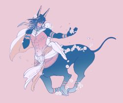Rule 34 | 1boy, 1other, animal ears, ankh, armlet, bishounen, black eyes, blue hair, bracer, cape, centauroid, claws, ear piercing, egyptian, egyptian clothes, flower, full body, hair flower, hair ornament, hands up, highres, horseback riding, jackal boy, jackal ears, jackal tail, kutsushita (930d54x), light smile, long hair, looking at another, male focus, monster boy, original, petals, piercing, pink background, pink flower, riding, running, shrug (clothing), simple background, taur, toned, toned male, two-sided fabric, usekh collar, white cape, yellow cape