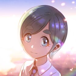 Rule 34 | 1girl, blue eyes, earrings, jewelry, lens flare, light smile, looking at viewer, necktie, original, outdoors, shirt, short hair, sinohira rin, stud earrings, thick eyebrows, twilight, white shirt