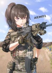Rule 34 | 1girl, absurdres, assault rifle, brown hair, camouflage, commentary, dancing wolf, day, english commentary, facial scar, flashlight, gloves, gun, highres, holding, holding gun, holding weapon, holographic weapon sight, laser sight, load bearing vest, m4 carbine, magazine (weapon), motion blur, original, outdoors, ponytail, purple eyes, reflector sight, rifle, scar, scar on cheek, scar on face, shooting range, sight (weapon), solo, stock (firearm), tactical light, telescoping stock, trigger discipline, watermark, weapon
