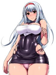 Rule 34 | 10s, 1girl, bare shoulders, blush, bodycon, breasts, cleavage, covered navel, curvy, dress, framed breasts, hairband, headband, hip vent, ishimiso (ishimura), kantai collection, large breasts, long hair, looking at viewer, microdress, panties, pantyshot, pink panties, shiny clothes, short dress, shoukaku (kancolle), skin tight, sleeveless, sleeveless dress, solo, standing, thighs, underwear, white hair, wide hips, yellow eyes