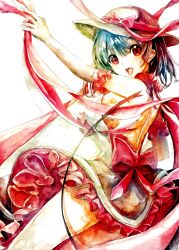 Rule 34 | 1girl, black headwear, bow, commentary, frilled skirt, frills, highres, kamu kotan, looking at viewer, nagae iku, open mouth, red bow, red eyes, shawl, short hair, short sleeves, simple background, skirt, solo, touhou, traditional media, white background