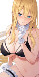 Rule 34 | 1girl, anza tomo, arm support, bikini, bikini top only, black bikini, blonde hair, blue eyes, bottomless, breasts, choker, elf, frilled choker, frills, gloves, hair between eyes, highres, large breasts, long hair, looking at viewer, navel, original, pointy ears, simple background, solo, swimsuit, white background, white choker, white gloves