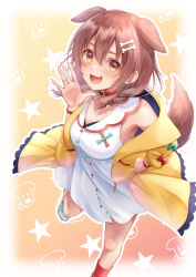 Rule 34 | 1girl, :d, absurdres, animal collar, animal ears, baumku techen, blush, bone hair ornament, bracelet, braid, breasts, brown eyes, brown hair, cleavage, collar, commentary request, dog ears, dog girl, dog tail, dress, extra ears, fake animal ears, fangs, hair between eyes, hair ornament, hairclip, hand on own hip, hand up, highres, hololive, inugami korone, inugami korone (1st costume), jacket, jewelry, knee up, large breasts, long hair, looking at viewer, loose socks, low twin braids, off shoulder, open clothes, open jacket, open mouth, red collar, red socks, shoes, short dress, single bare shoulder, sleeveless, sleeveless dress, smile, sneakers, socks, solo, standing, standing on one leg, tail, twin braids, virtual youtuber, waving, white dress, yellow jacket