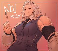 Rule 34 | 1girl, bare shoulders, biceps, black necktie, bracer, closed mouth, collared shirt, dorohedoro, ear piercing, earrings, english text, fork, framed, gradient background, hand up, highres, holding, holding fork, jacket, jewelry, long hair, looking to the side, muscular, muscular female, necktie, noi (dorohedoro), park ongjol, piercing, red eyes, shirt, sleeveless, sleeveless jacket, sleeveless shirt, smile, solo, upper body, wavy hair, white hair