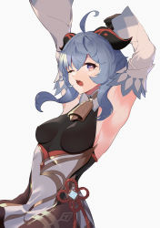 Rule 34 | 1girl, ;o, absurdres, ahoge, arm over head, armpits, arms up, bell, blue hair, breasts, chinese knot, curled horns, detached sleeves, ganyu (genshin impact), genshin impact, gold trim, highres, horns, looking at viewer, medium breasts, neck bell, one eye closed, purple eyes, sansai soba, sidelocks, sleepy, solo, stretching, tassel, tears, thighlet, vision (genshin impact), waking up, white background, white sleeves, yawning