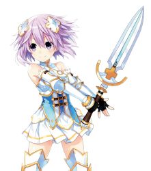 Rule 34 | 10s, 1girl, armor, armored boots, boots, breastplate, fingerless gloves, four goddesses online: cyber dimension neptune, gauntlets, gloves, hair ornament, holding, holding weapon, looking away, neptune (neptunia), neptune (series), pleated skirt, purple eyes, purple hair, short hair, simple background, skirt, smile, solo, sword, thighhighs, tsunako, weapon, white background