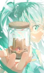 Rule 34 | 1girl, aqua eyes, aqua hair, aqua necktie, bare shoulders, blurry, chi chi3939, commentary, depth of field, english commentary, falling petals, fingernails, giving, glass bottle, grey shirt, hand up, hatsune miku, highres, holding, incoming gift, jar, long hair, looking away, looking to the side, mixed-language commentary, necktie, petals, portrait, reaching, reaching towards viewer, sand, sand castle, sand sculpture, shirt, sleeveless, sleeveless shirt, snow globe, solo, sunlight, twintails, uta ni katachi wa nai keredo (vocaloid), vocaloid, white background, wind