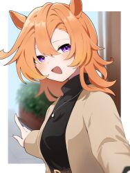 Rule 34 | 1girl, amano (amano miko), animal ears, belt, black sweater, brown jacket, hair between eyes, hand out of frame, highres, horse ears, horse girl, jacket, jewelry, long sleeves, looking at viewer, medium hair, necklace, official alternate costume, open clothes, open jacket, open mouth, orange hair, purple eyes, smile, solo, sweater, t.m. opera o (umamusume), turtleneck, turtleneck sweater, umamusume