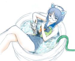 Rule 34 | 1girl, 2k-tan, adapted costume, blue eyes, blue hair, crossed legs, eating, food, glasses, holding, hose, ice cream, matching hair/eyes, one-piece swimsuit, os-tan, parfait, pool, robot ears, solo, swimsuit, wading pool, water