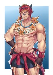 Rule 34 | 1boy, abs, absurdres, animal ears, arm hair, aussummer, bandaid, bandaid on face, bandaid on nose, bara, bare pectorals, black male swimwear, blush, bulge, eyewear on head, feet out of frame, flower, flower necklace, highres, jewelry, large pectorals, league of legends, lifeguard, looking at viewer, male focus, male swimwear, muscular, muscular male, navel, navel hair, necklace, nipples, pectorals, red hair, sett (league of legends), short hair, smile, solo, stomach, swim briefs, wet, whistle, whistle around neck, wolf ears